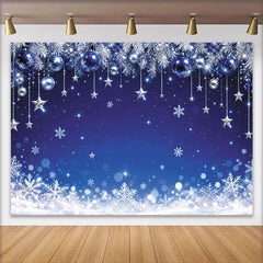 Lofaris Sparkling Blue Christmas Backdrop with White Snow and Silver Stars, Festive Winter Holiday Background for Party Decor