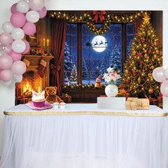 Lofaris Cozy Christmas Room Backdrop with Fireplace and Snowy Window, Magical Winter Holiday Background for Family Photos and Decor