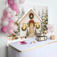 Lofaris Snowy Christmas Winter House Backdrop with Pine Trees and Wreaths, Festive Holiday Background for Winter Photography and Party