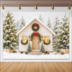 Lofaris Snowy Christmas Winter House Backdrop with Pine Trees and Wreaths, Festive Holiday Background for Winter Photography and Party