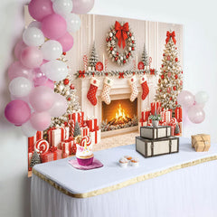 Lofaris Cozy Christmas Fireplace Backdrop with Snow Dusted Trees and Gifts, Festive Holiday Background for Winter Photography