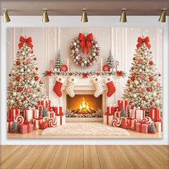Lofaris Cozy Christmas Fireplace Backdrop with Snow Dusted Trees and Gifts, Festive Holiday Background for Winter Photography