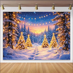 Lofaris Snowy Christmas Forest Backdrop with Glowing Lights and Pine Trees, Enchanting Winter Wonderland Background for Holiday Party