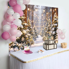 Lofaris Snowy Winter Forest Christmas Backdrop with String Lights, Festive Photography Background for Holiday Party Decoration