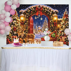 Lofaris Snowy Christmas Reindeer Sleigh Backdrop with Gifts and Twinkling Lights, Festive Holiday Party Decoration for Winter Photography