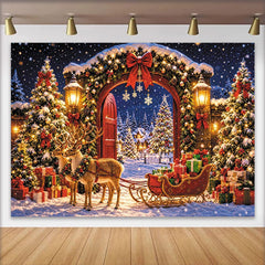Lofaris Snowy Christmas Reindeer Sleigh Backdrop with Gifts and Twinkling Lights, Festive Holiday Party Decoration for Winter Photography