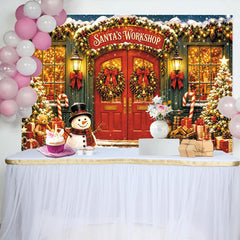Lofaris Santa's Workshop Christmas Backdrop, Festive Red Doors and Snowman Winter Holiday Decor for Photoshoot