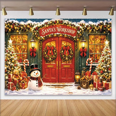 Lofaris Santa's Workshop Christmas Backdrop, Festive Red Doors and Snowman Winter Holiday Decor for Photoshoot