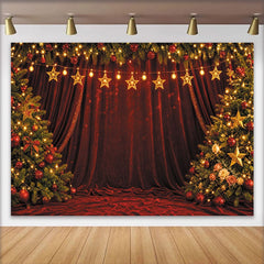 Lofaris Red Velvet Christmas Backdrop with Decorated Trees and Golden Star Lights, Elegant Holiday Background for Festive Photoshoot