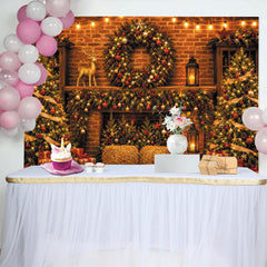 Lofaris Festive Christmas Fireplace Backdrop with Decorated Trees and Golden Deer, Cozy Holiday Photography Background for Family Gatherings