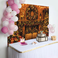 Lofaris Festive Christmas Fireplace Backdrop with Decorated Trees and Golden Deer, Cozy Holiday Photography Background for Family Gatherings