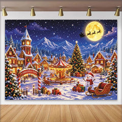 Lofaris Magical Snowy Christmas Village Backdrop with Santa's Sleigh, Festive Winter Wonderland Background for Holiday Party Decor