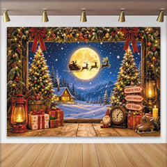 Lofaris Magical Christmas Window Backdrop with Santa Sleigh, Snowy Village, Festive Winter Holiday Background for Family Photoshoot