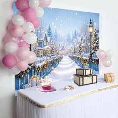 Lofaris Festive Snowy Christmas Village Backdrop with Decorated Trees, Winter Holiday Background for Photoshoot and Party Decor