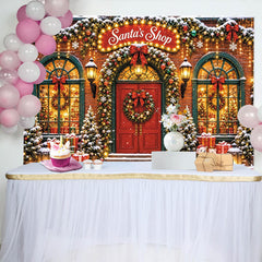 Lofaris Festive Santa's Shop Christmas Backdrop with Red Door, Snowy Scene, Charming Holiday Background for Family Photos