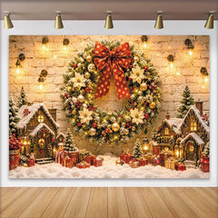 Lofaris Cozy Christmas Winter Village Backdrop with Wreath and Gifts, Snowy Houses and Lights, Ideal Holiday Photography Background