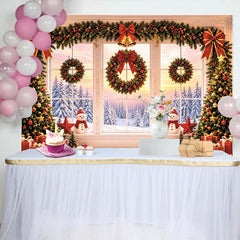 Lofaris Festive Christmas Window Backdrop with Trees and Wreaths, Snowy Winter Holiday Photography Background for Portraits