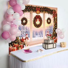 Lofaris Festive Christmas Window Backdrop with Trees and Wreaths, Snowy Winter Holiday Photography Background for Portraits