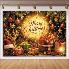 Lofaris Golden Merry Christmas Photography Backdrop with Reindeer, Gifts and Sparkling Bokeh Lights, Festive Holiday Background for Family