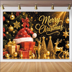Lofaris Golden Glitter Merry Christmas Backdrop with Santa Hat and Gifts, Luxurious Holiday Background for Festive Party Decoration