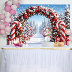 Lofaris Snowy Winter Christmas Arch Backdrop with Candy Canes, Festive Red and White Ornaments Background for Holiday Photoshoot Decor