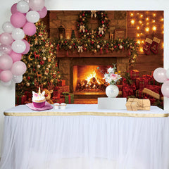 Lofaris Cozy Christmas Fireplace Backdrop with Decorated Tree and Gifts, Festive Holiday Photography Background for Family Photoshoot