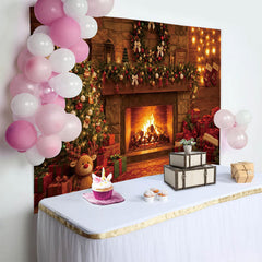 Lofaris Cozy Christmas Fireplace Backdrop with Decorated Tree and Gifts, Festive Holiday Photography Background for Family Photoshoot