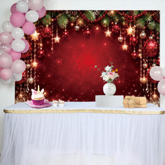 Lofaris Sparkling Red Christmas Photography Backdrop with Pine Branches, Ornaments and Glitter, Festive Holiday Background for Party Decor