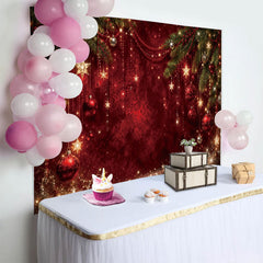 Lofaris Elegant Red Christmas Backdrop with Pine Branches and Golden Stars, Luxurious Winter Holiday Background for Festive Party Decor