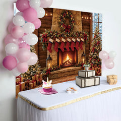 Lofaris Cozy Christmas Fireplace Backdrop with Decorated Trees and Stockings, Winter Holiday Background for Family Photoshoot and Party Decor
