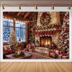 Lofaris Rustic Cabin Christmas Fireplace Backdrop with Snowy Window, Warm Winter Holiday Background for Family Photoshoot