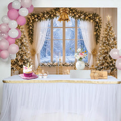 Lofaris Elegant Golden Christmas Tree Backdrop with Snowy Window and Gifts, Luxurious Winter Holiday Background for Family Photoshoot