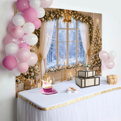 Lofaris Elegant Golden Christmas Tree Backdrop with Snowy Window and Gifts, Luxurious Winter Holiday Background for Family Photoshoot
