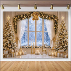 Lofaris Elegant Golden Christmas Tree Backdrop with Snowy Window and Gifts, Luxurious Winter Holiday Background for Family Photoshoot