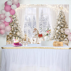 Lofaris Elegant Christmas Winter Wonderland Backdrop with Snowy Trees and Rocking Horse, Luxurious Holiday Background for Festive Photoshoot