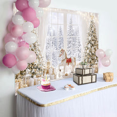Lofaris Elegant Christmas Winter Wonderland Backdrop with Snowy Trees and Rocking Horse, Luxurious Holiday Background for Festive Photoshoot
