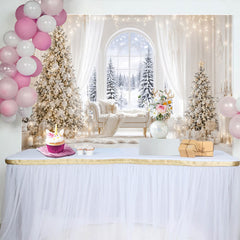 Lofaris Elegant White and Gold Christmas Backdrop with Snowy Window and Decorated Trees, Luxurious Winter Wonderland Background