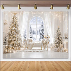 Lofaris Elegant White and Gold Christmas Backdrop with Snowy Window and Decorated Trees, Luxurious Winter Wonderland Background