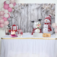 Lofaris Winter Wonderland Christmas Backdrop with Cute Snowmen and Gifts, Snowy Wooden Wall Background for Holiday Photoshoot Decor
