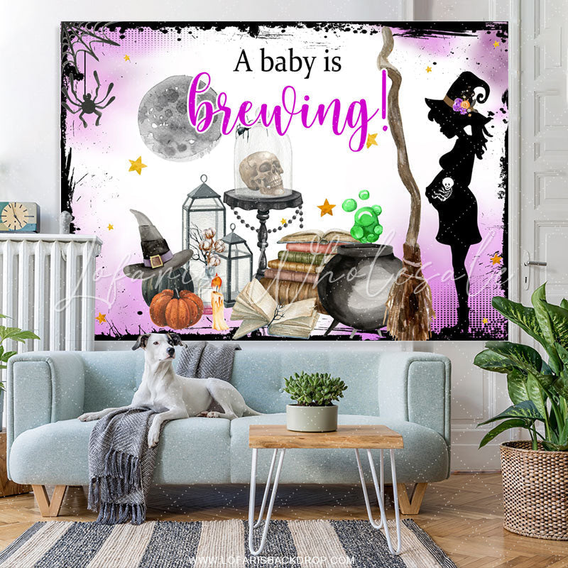 Lofaris A Baby Is Brewing Light Purple Halloween Theme Backdrop