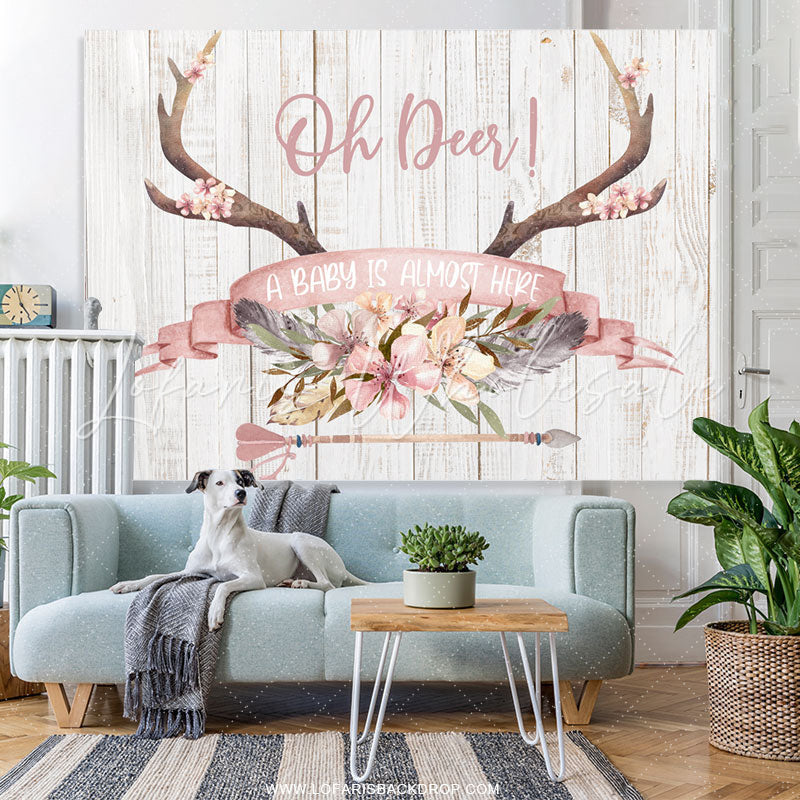 Lofaris A Baby Is Here Floral Antler Shower Backdrop