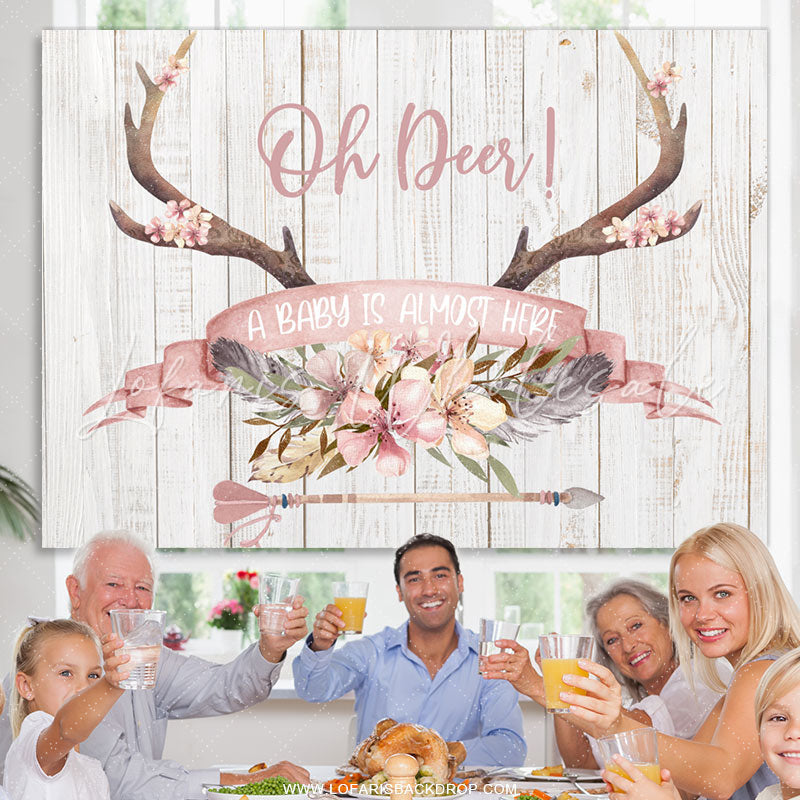Lofaris A Baby Is Here Floral Antler Shower Backdrop