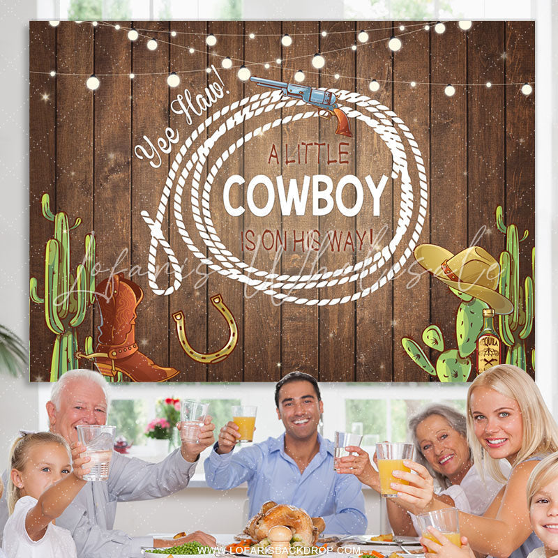 Lofaris A Little Cowboy With Brown Wood Baby Shower Backdrop