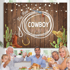 Lofaris A Little Cowboy With Brown Wood Baby Shower Backdrop