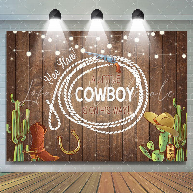 Lofaris A Little Cowboy With Brown Wood Baby Shower Backdrop