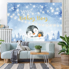 Lofaris A Little Cute Penguin Winter Bule Baby Shower Backdrop