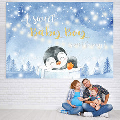 Lofaris A Little Cute Penguin Winter Bule Baby Shower Backdrop