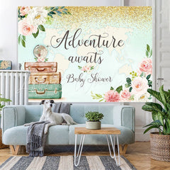 Lofaris Adventure Awaits Floral And Map Baby Shower Backdrop