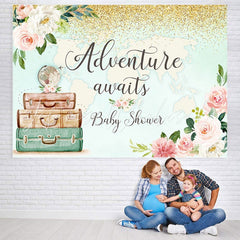 Lofaris Adventure Awaits Floral And Map Baby Shower Backdrop