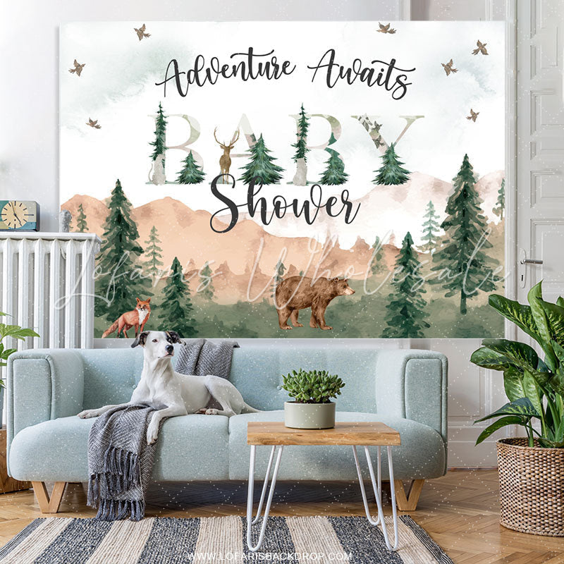 Lofaris Adventure Awaits Forest Montain Baby Shower Backdrop